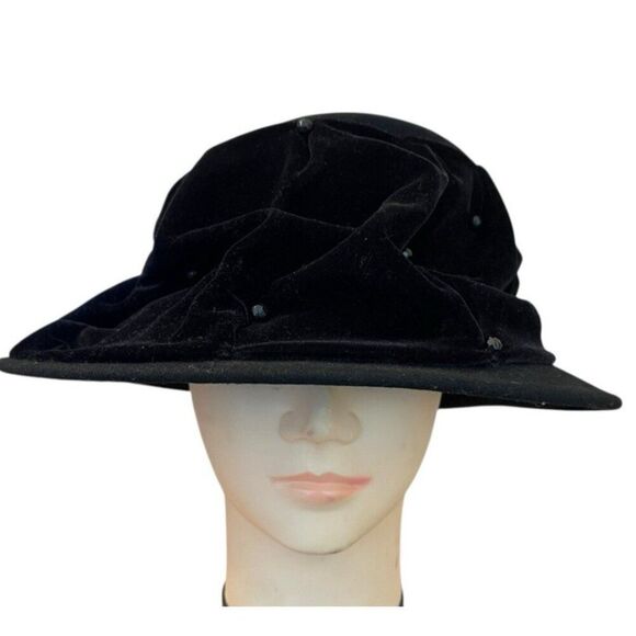 Vintage Betmar Womens Black Wool Felt Fedora Hat Velvet Beaded Detail Wide Brim - Picture 1 of 8